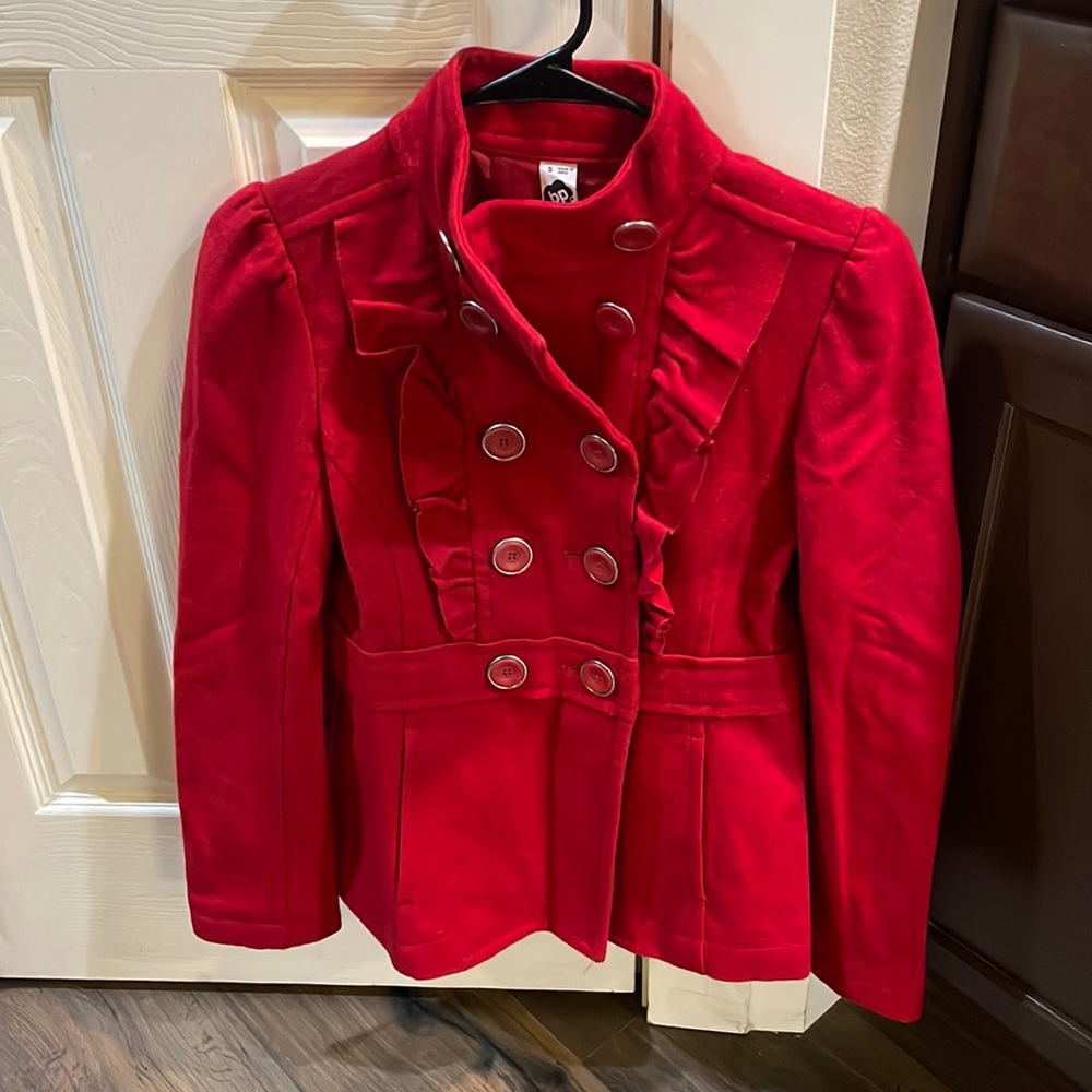 NORDSTROM BP WOOL BLEND RED RUFFLE PEACOAT
